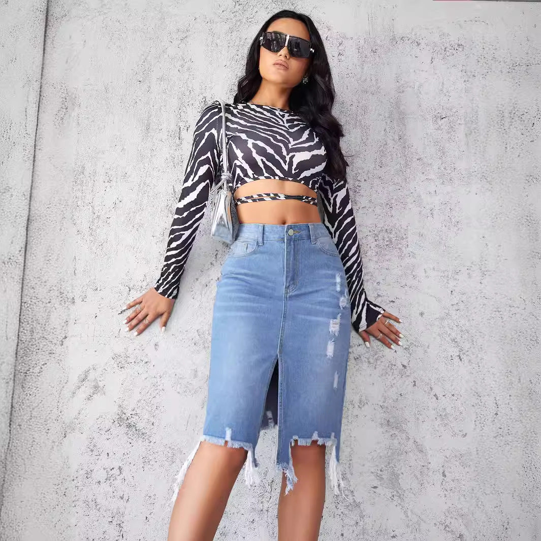 Damen Midi-Denim-Rock mit fransigen Details Stalluxe