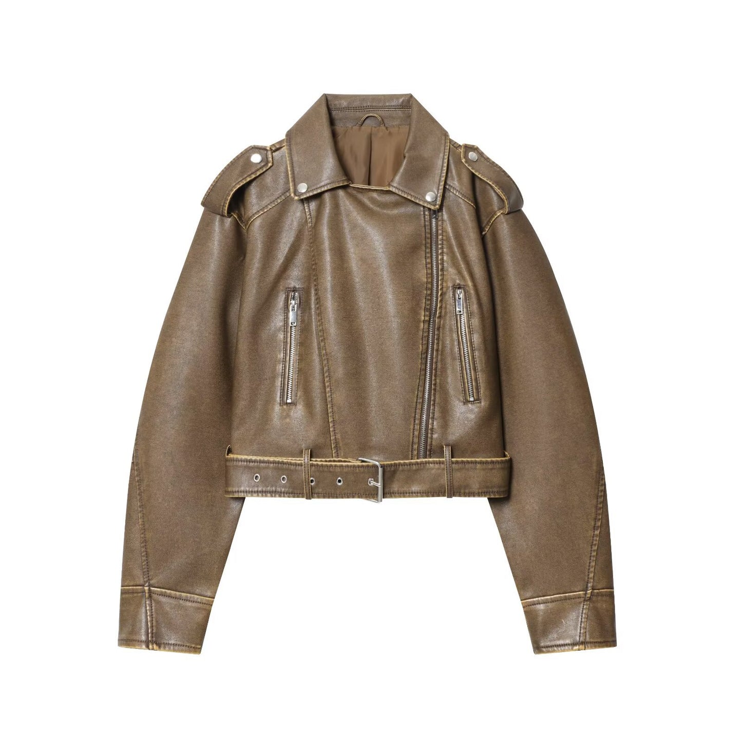 Damen modische Bikerjacke im Vintage-Look mit Taillengürtel und Reißverschlusstaschen Stalluxe