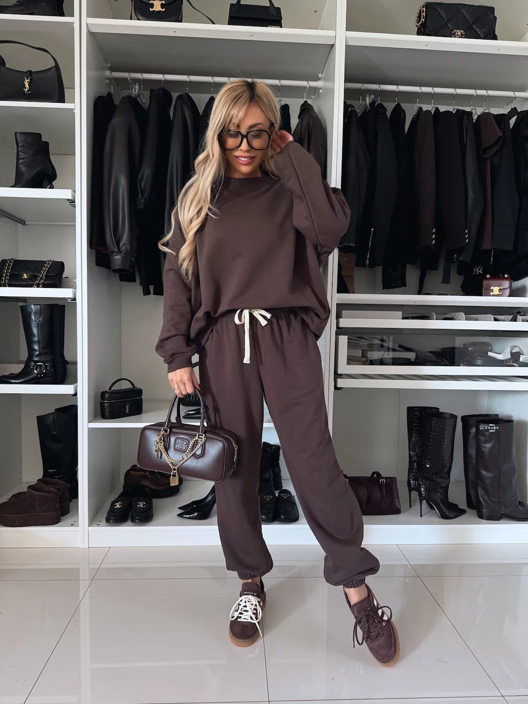 Damen lässiger Fleece-Jogginganzug mit elastischem Bund und weit geschnittenem Oberteil Stalluxe