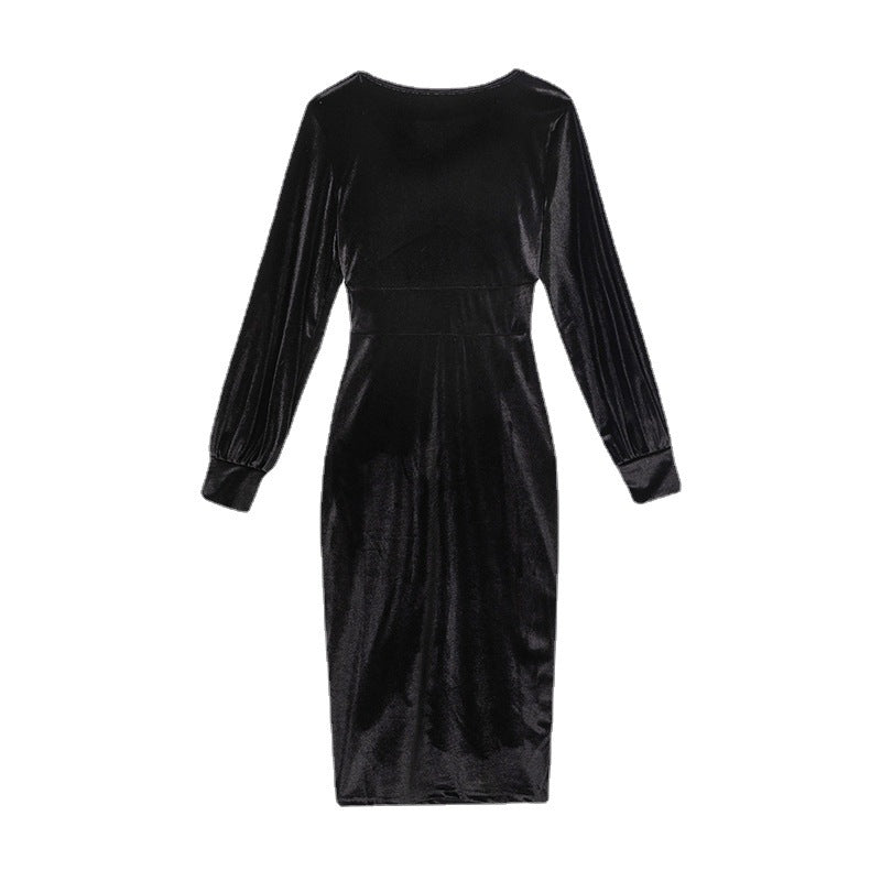 Damen Samt-Maxikleid mit tiefem V-Ausschnitt und voluminösen Ärmeln Stalluxe