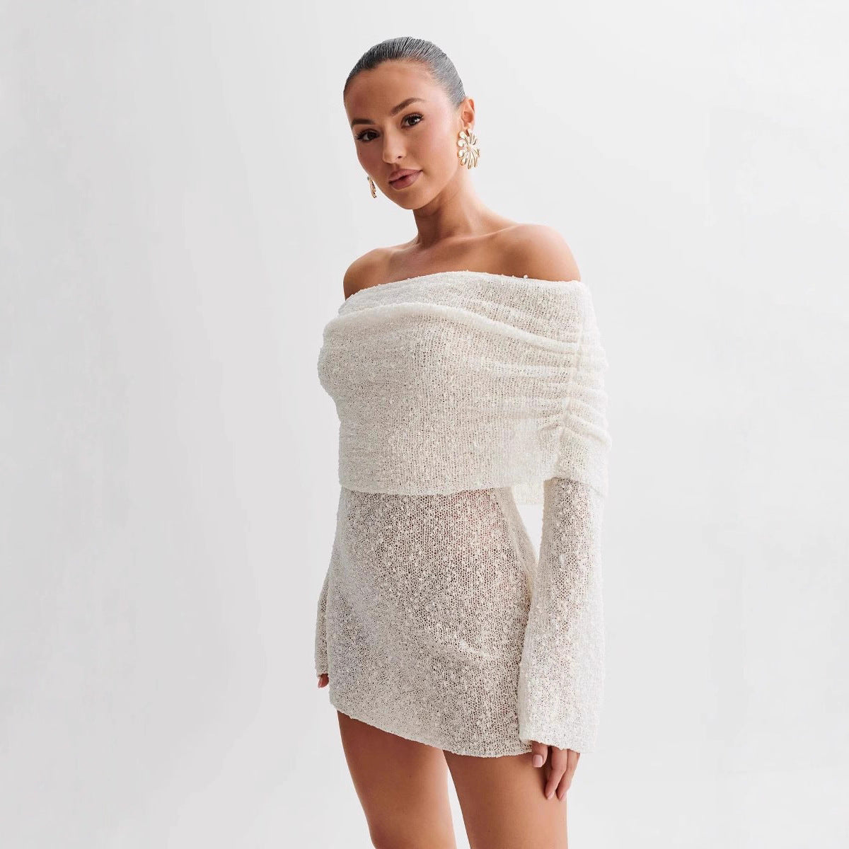 Damen Schulterfreies Minikleid mit glitzerndem Effekt und Übergröße Stalluxe