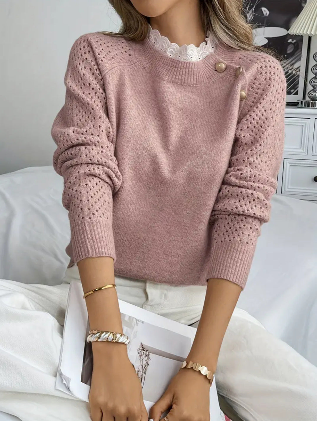 Damen Feinstrickpullover mit gehäkelten Einsätzen Stalluxe
