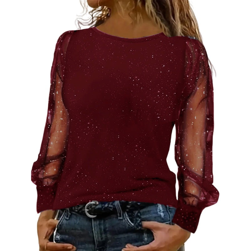 Damen elegantes Oberteil mit glitzernden transparenten Ärmeln Stalluxe
