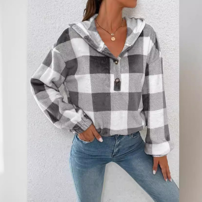 Damen Gemusterte Karo-Hoodie-Bluse Stalluxe