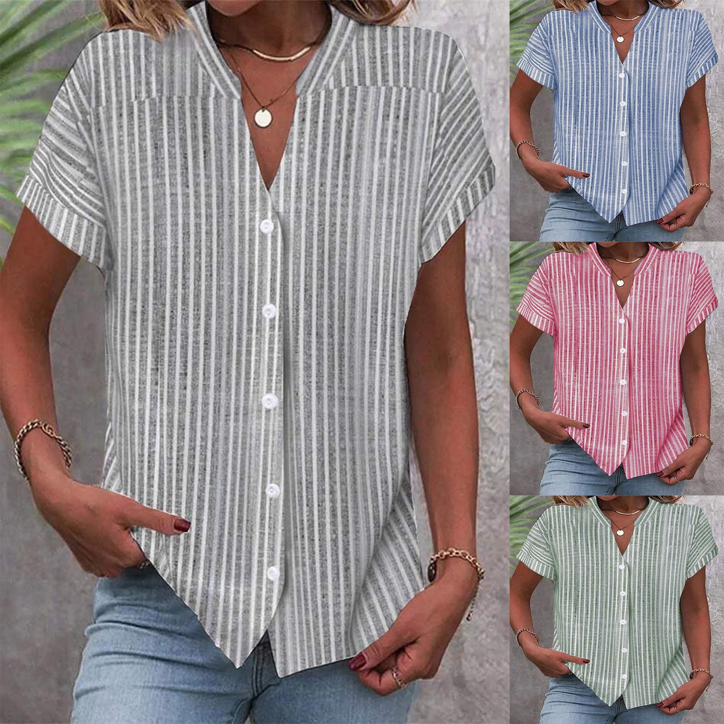Damen Kurzarm-Bluse mit V-Ausschnitt und Streifenmuster Stalluxe