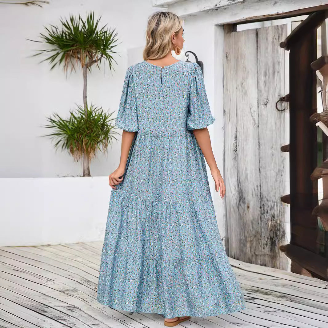 Damen Maxikleid mit nostalgischem Blumendruck und weiten Ärmeln Stalluxe