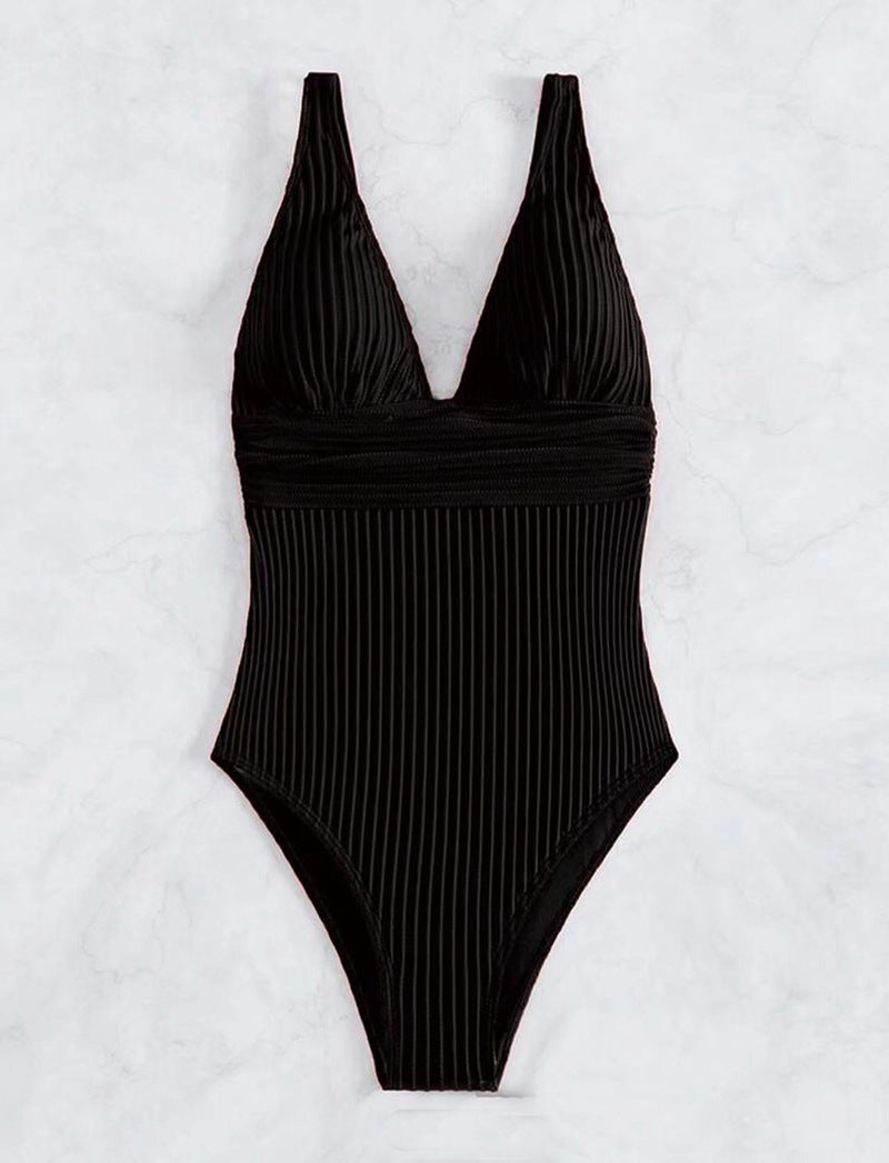 Damen Einteiler Badeanzug mit raffiniertem Rippendesign und tiefem V-Ausschnitt Stalluxe