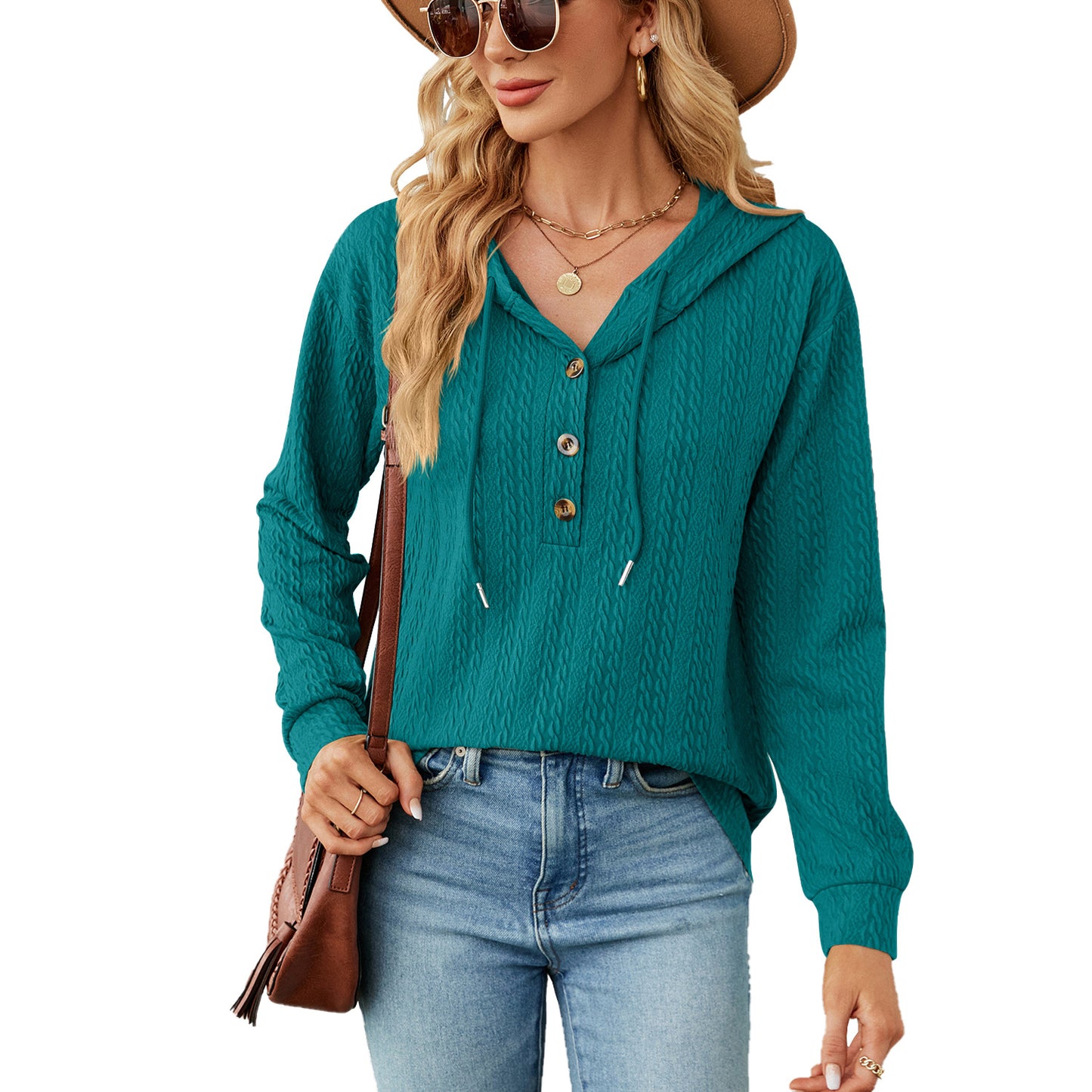 Damen lässiger Kapuzenpullover mit strukturierter Oberfläche und Knopfdetails Stalluxe