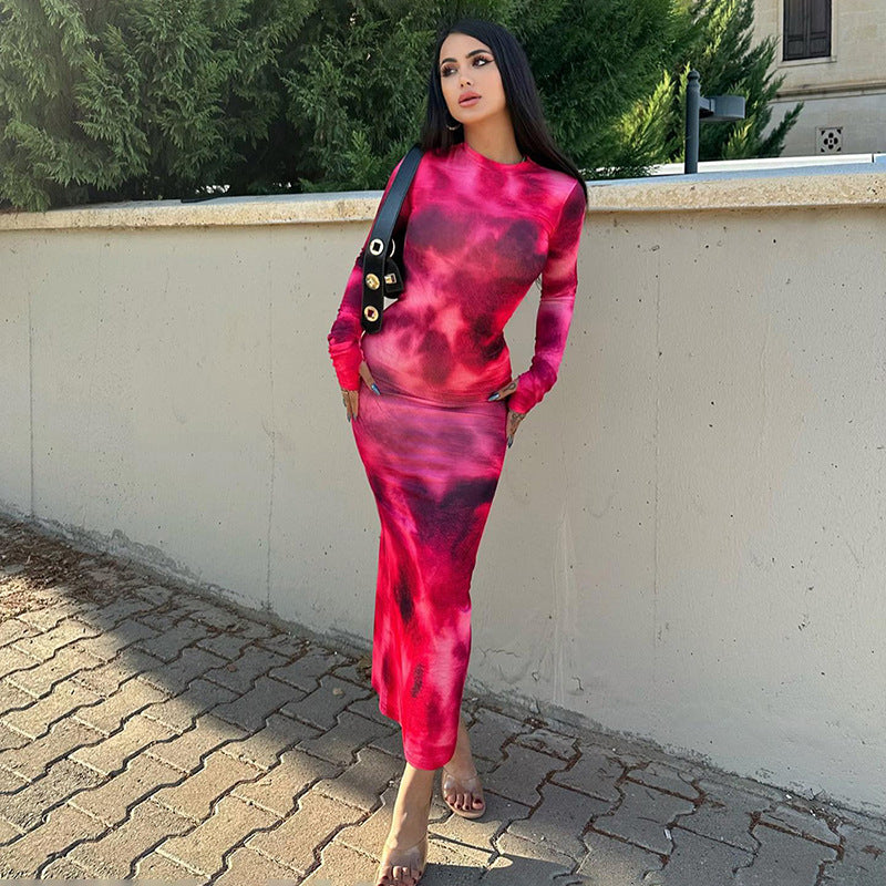 Damen figurbetontes Maxikleid mit langen Ärmeln und modernem Batikmuster Stalluxe