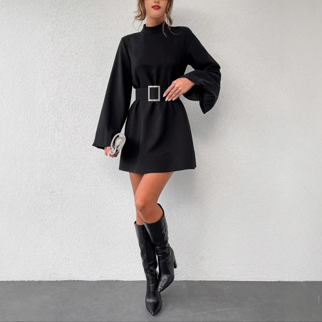 Damen elegante Minikleidung mit Gürtel und langen Ärmeln Stalluxe