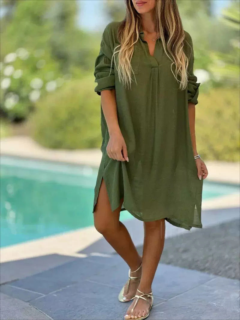 Damen Freizeit-Hemdblusenkleid mit luftigem Schnitt und dekorativen Seitenschlitzen Stalluxe
