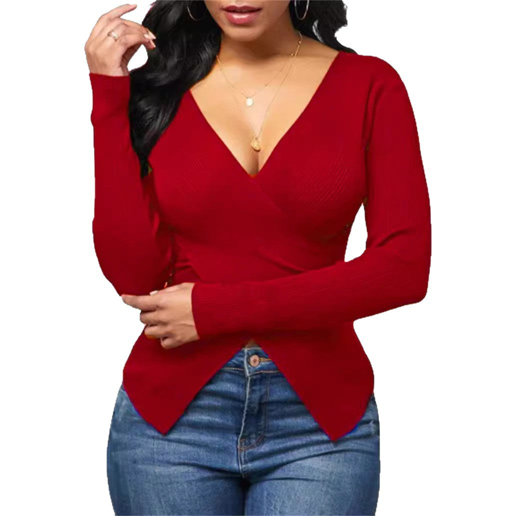 Damen elegantes Wickeloberteil mit strukturiertem Rippstoff und tiefem V-Ausschnitt Stalluxe