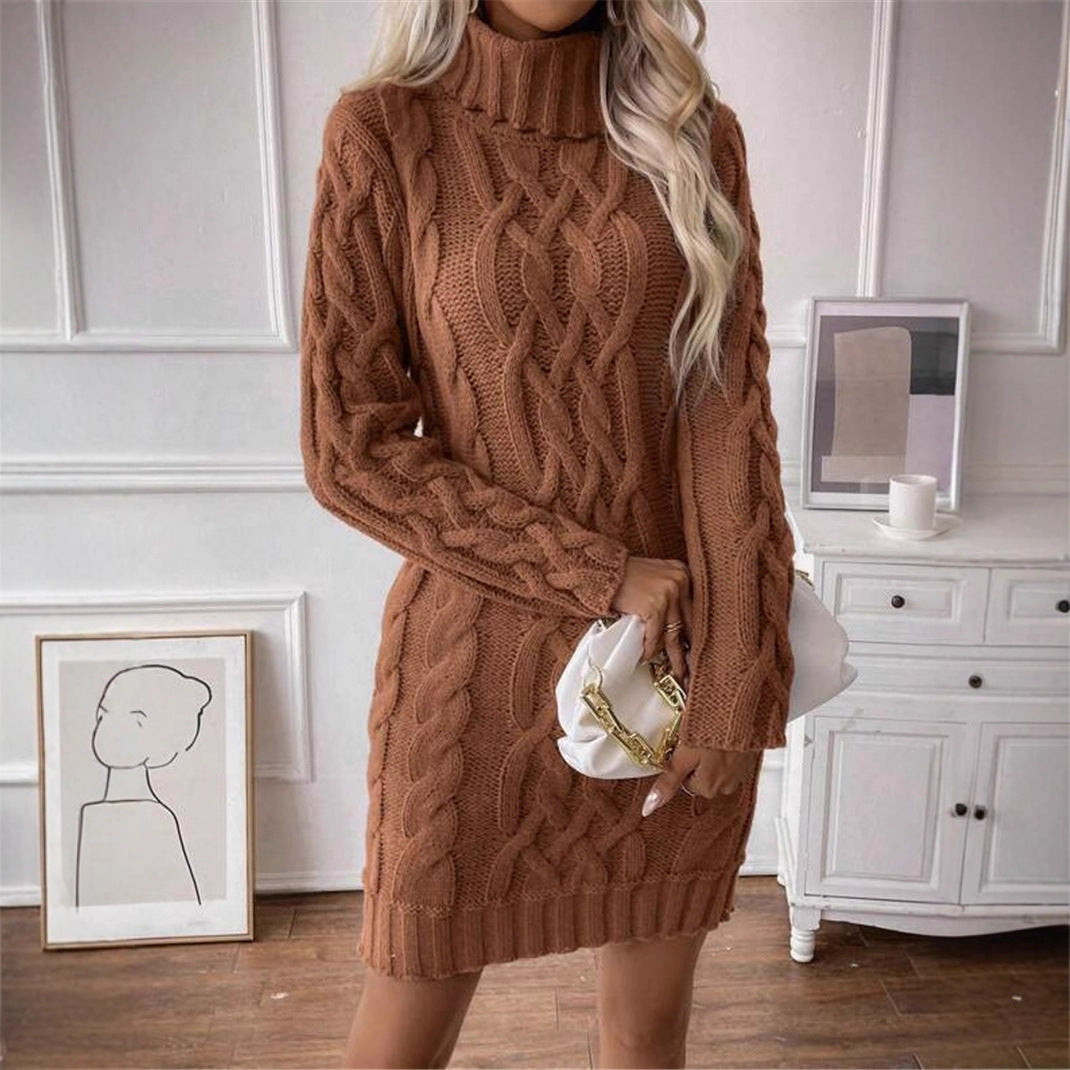 Damen Strickkleid mit hochgeschlossenem Kragen und Zopfmuster Stalluxe