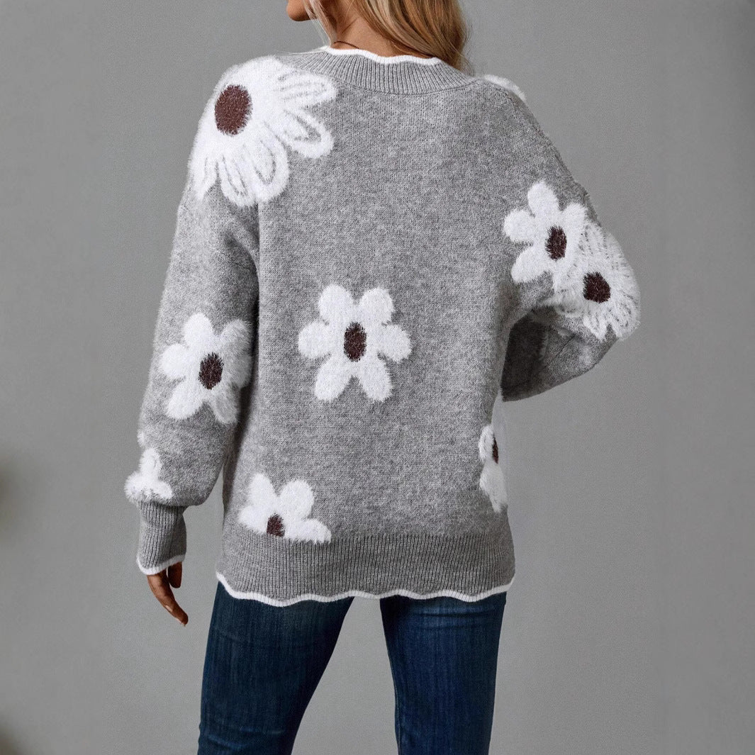 Damen Strickpullover mit floralem Design und V-Ausschnitt Stalluxe