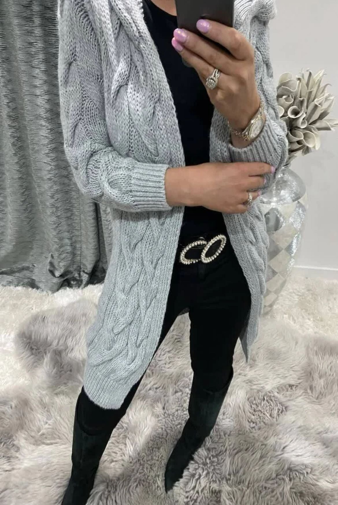 Damen Grobstrick-Cardigan mit Kapuze und Zopfmuster Stalluxe