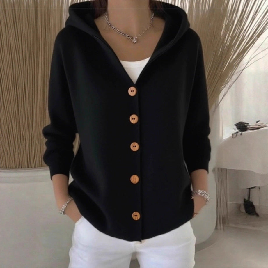 Damen lässige Strickjacke mit Kapuze und Knopfverschluss Stalluxe