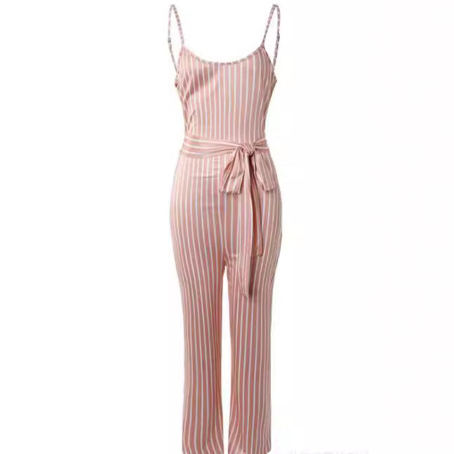 Damen Striped Jumpsuit mit Taillengürtel und elastischem Bund Stalluxe