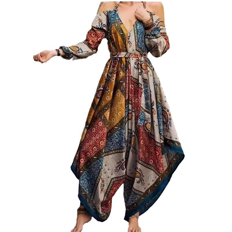 Damen Maxi-Kleid im Boho-Stil mit Cut-Out-Ärmeln und floralen Mustern Stalluxe
