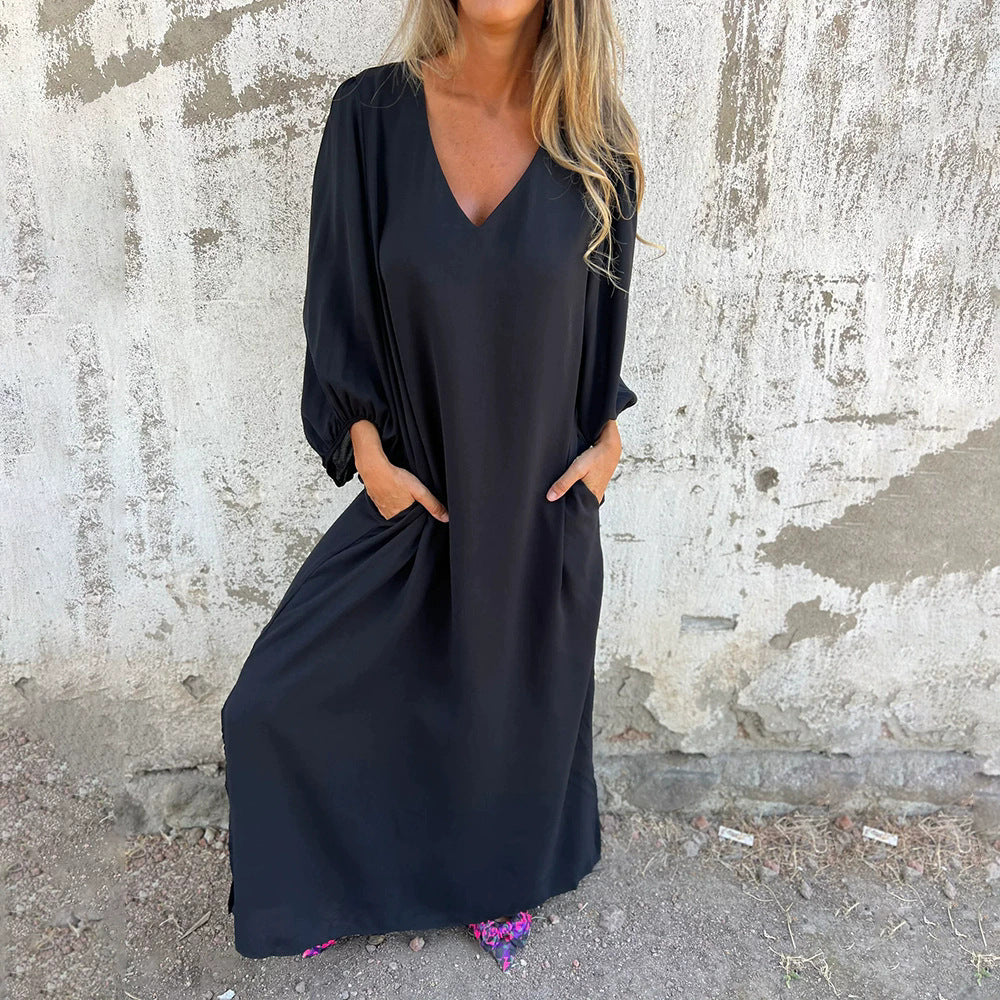 Damen Elegantes V- Ausschnitt Midikleid mit voluminösen Ärmeln Stalluxe