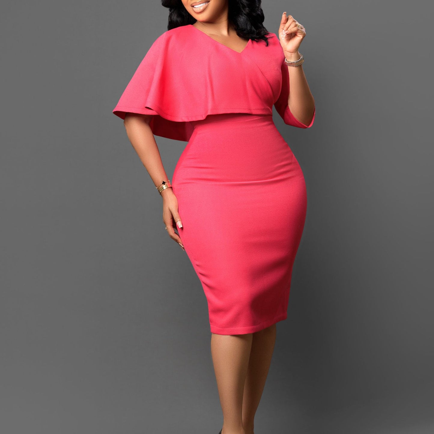 Damen Elegantes Kleid mit asymmetrischem Oberteil und Volantärmeln Stalluxe