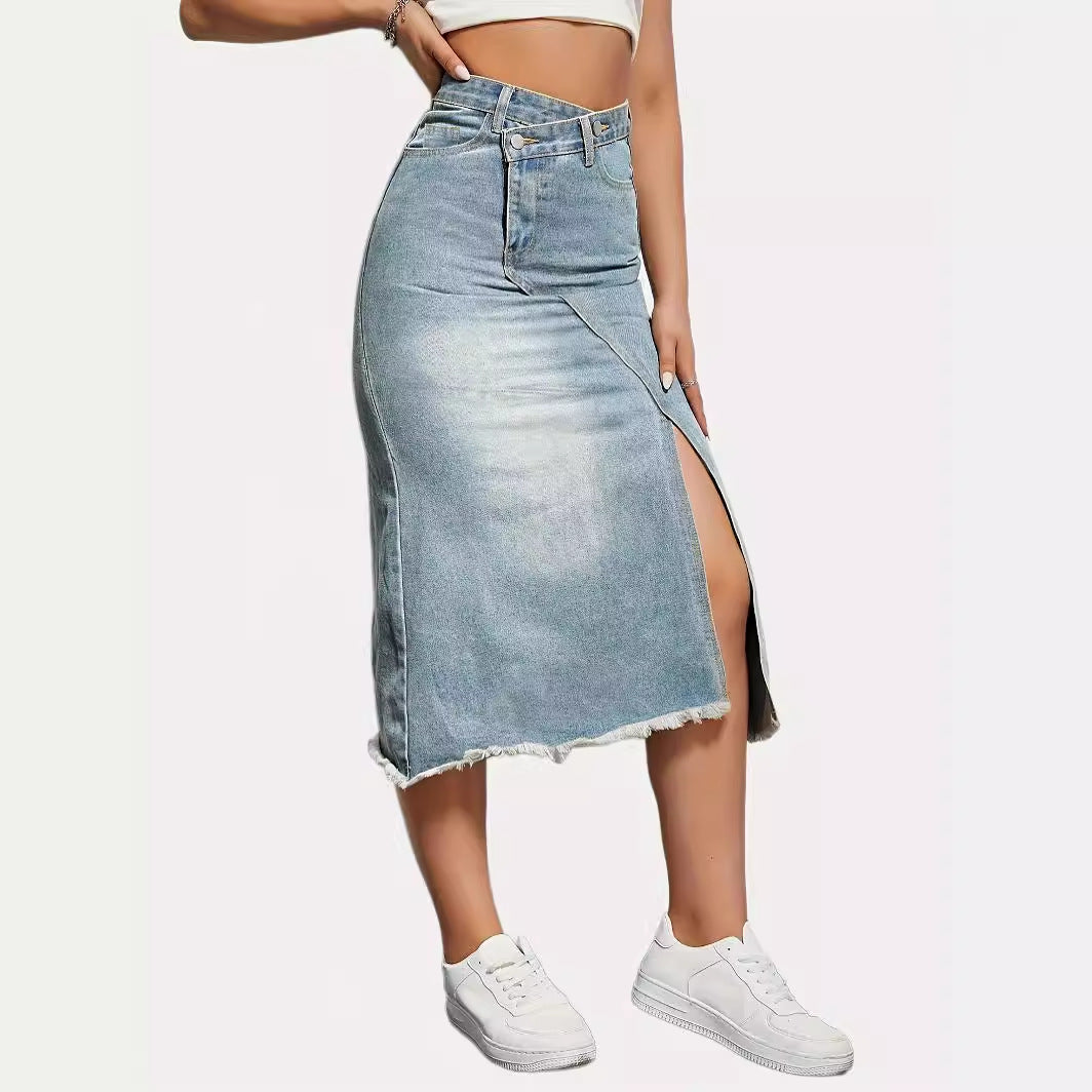 Damen Midirock mit seitlichem Schlitz und fransigem Saum Stalluxe
