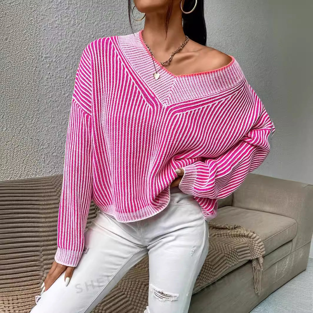 Damen Oversize-Strickpullover mit V-Ausschnitt und grafischem Streifenmuster Stalluxe