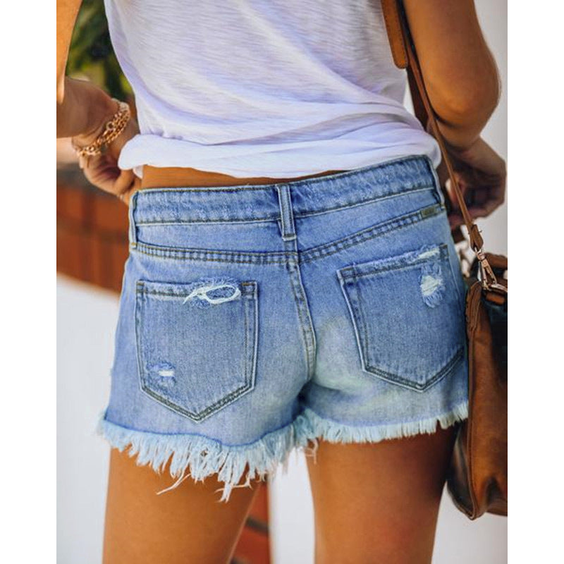 Damen Jeansshorts im Coolen USA-Design mit ausgefranstem Saum Stalluxe