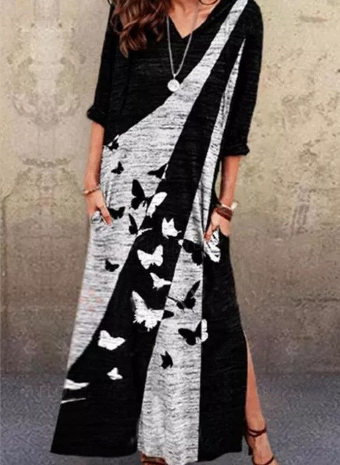 Damen Maxikleid mit kunstvollem Schmetterlingsdesign und praktischen Taschen Stalluxe