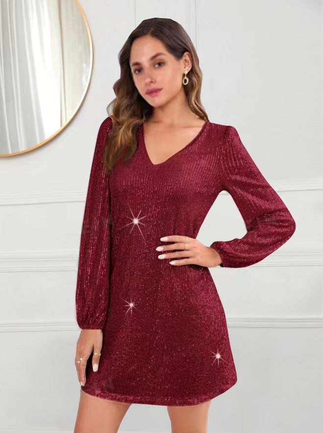 Damen Glitzerndes Minikleid mit V-Ausschnitt und langen Ärmeln Stalluxe