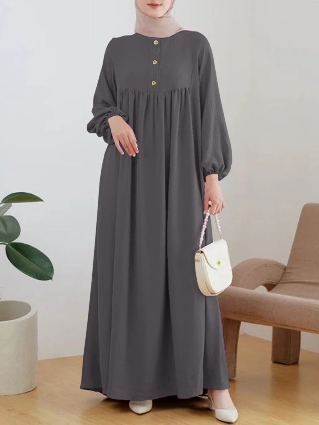 Damen luftiges Maxikleid mit bequemer Knopfleiste und eleganten Puffärmeln Stalluxe