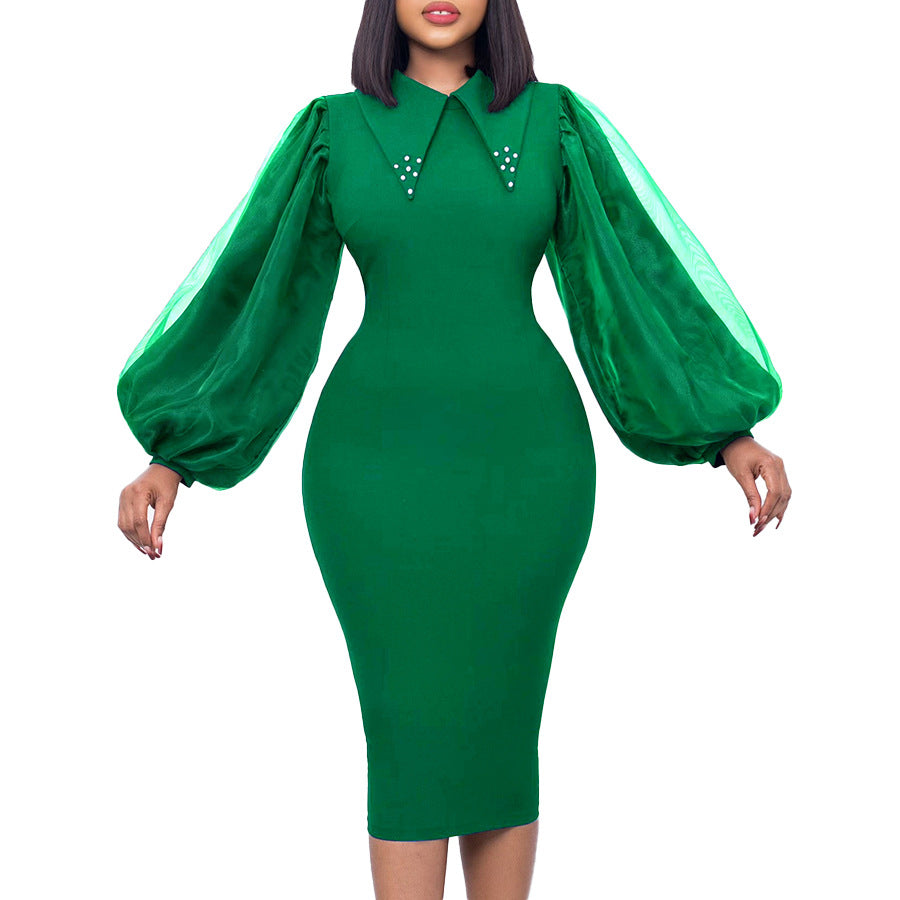 Damen Midi-Kleid mit Puffärmeln und dekorativem Kragen Stalluxe