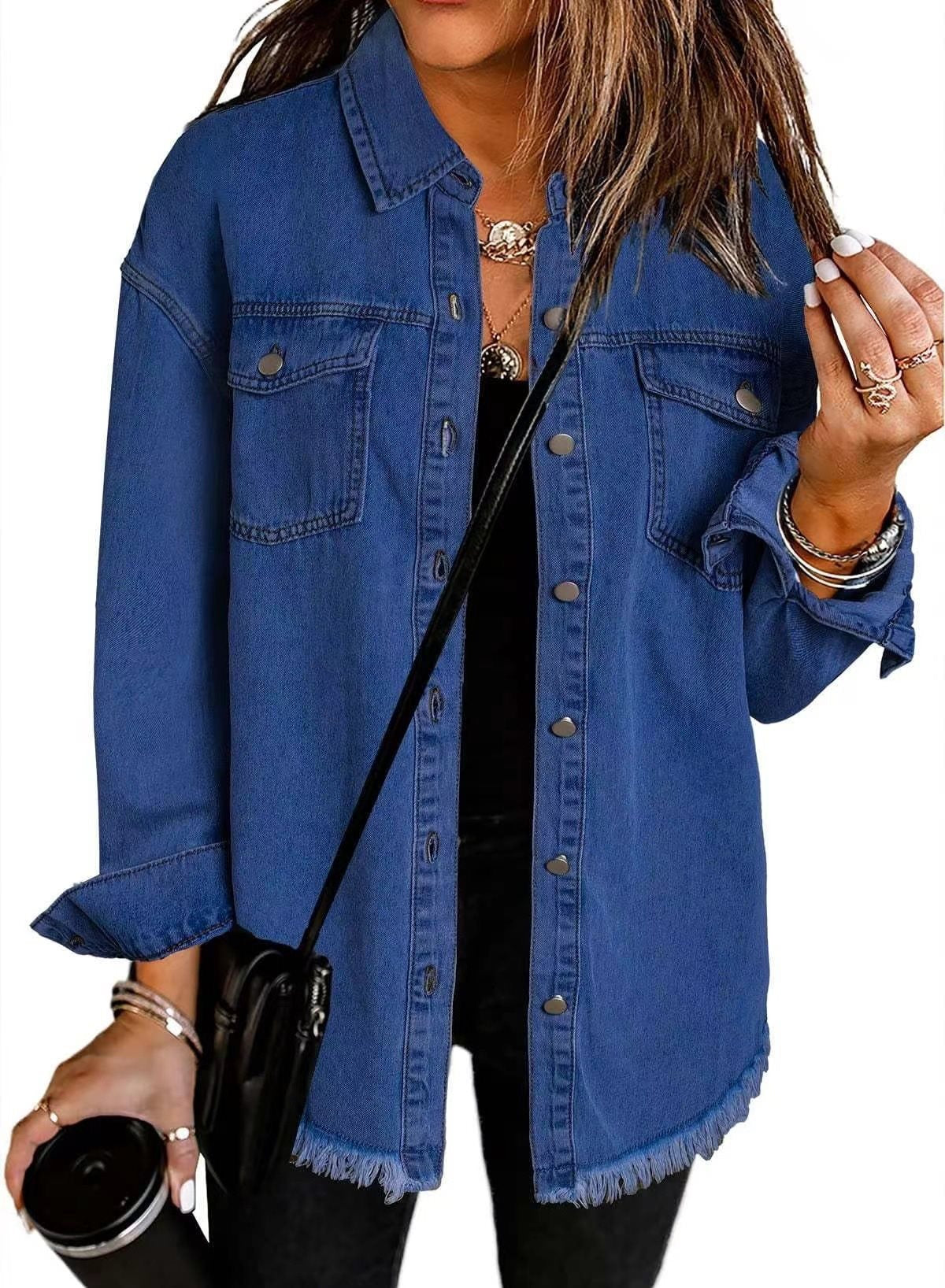 Damen lässige Jeansjacke mit fransigen Säumen und aufgesetzten Taschen Stalluxe