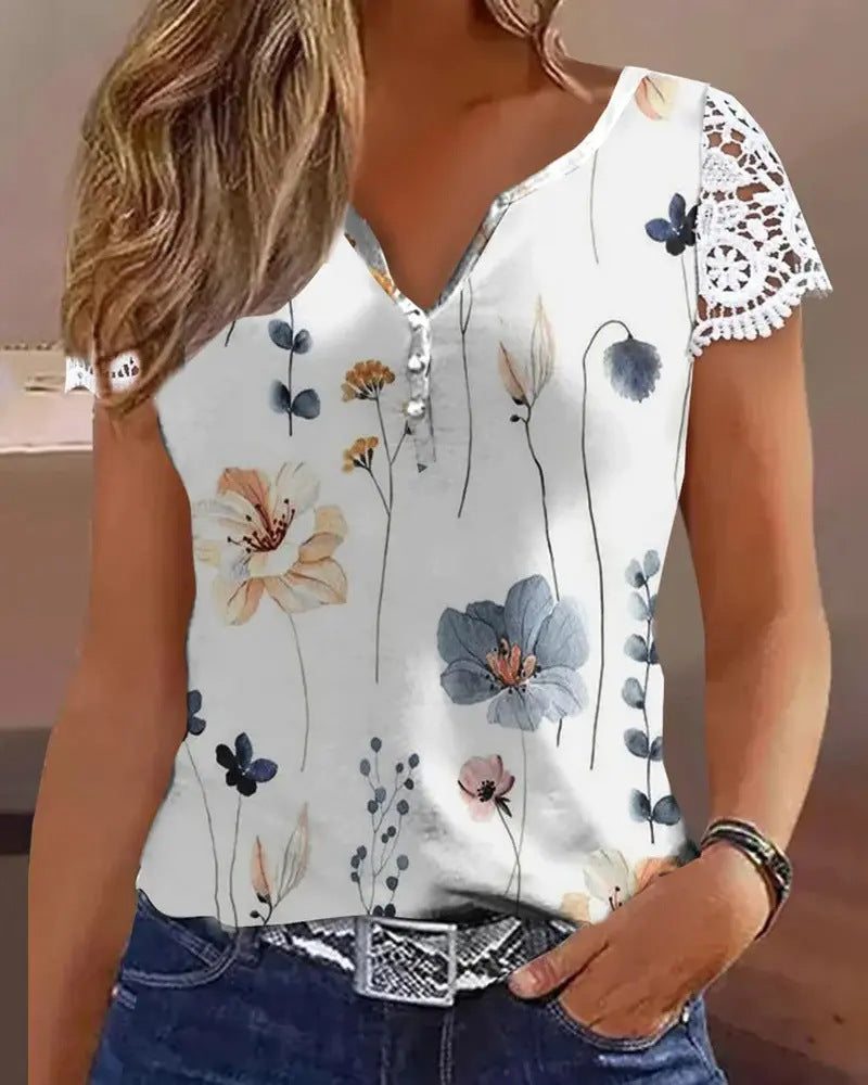 Damen Kurzarmbluse mit Spitze und floralen Akzenten Stalluxe