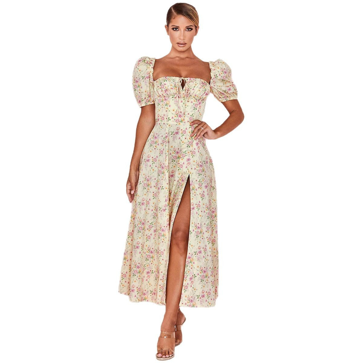 Damen Maxikleid mit romantischem Blumendruck und puffärmeliger Gestaltung Stalluxe