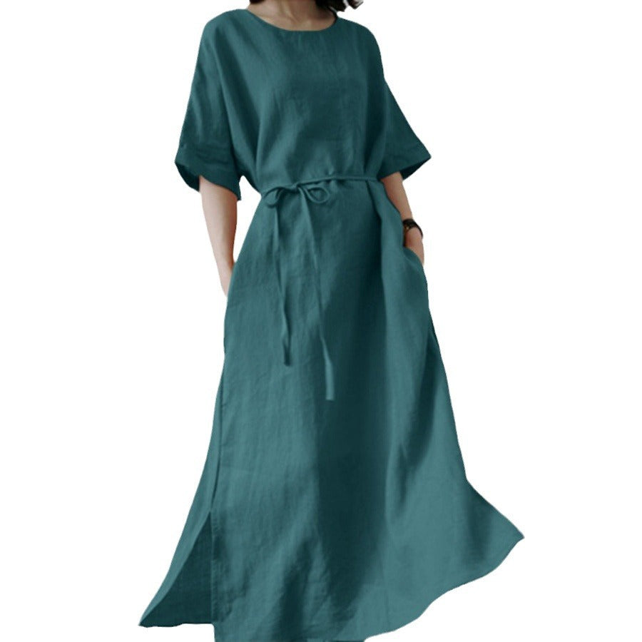 Damen Leinenmaxikleid mit weit geschnittenen Ärmeln und Taillengürtel Stalluxe