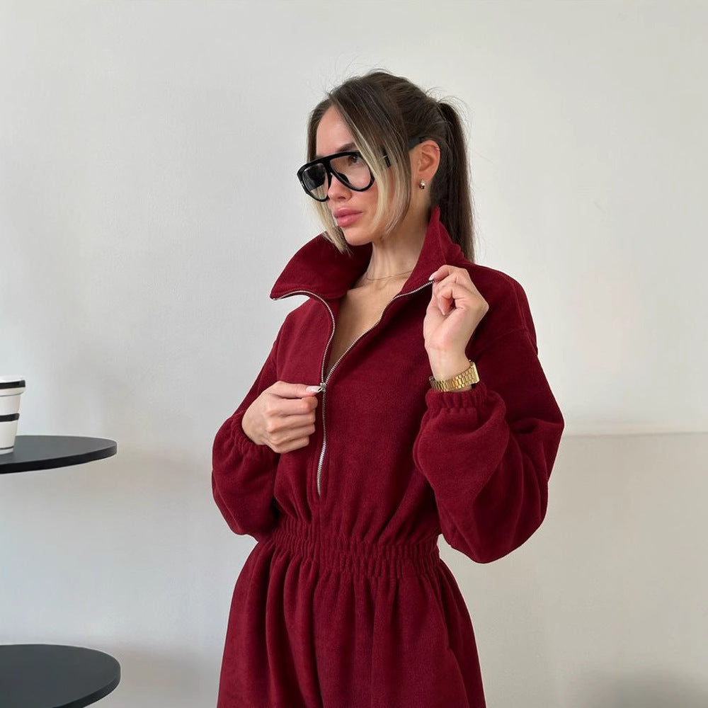 Damen Fleece-Jumpsuit mit hohem Kragen und elastischem Bund Stalluxe