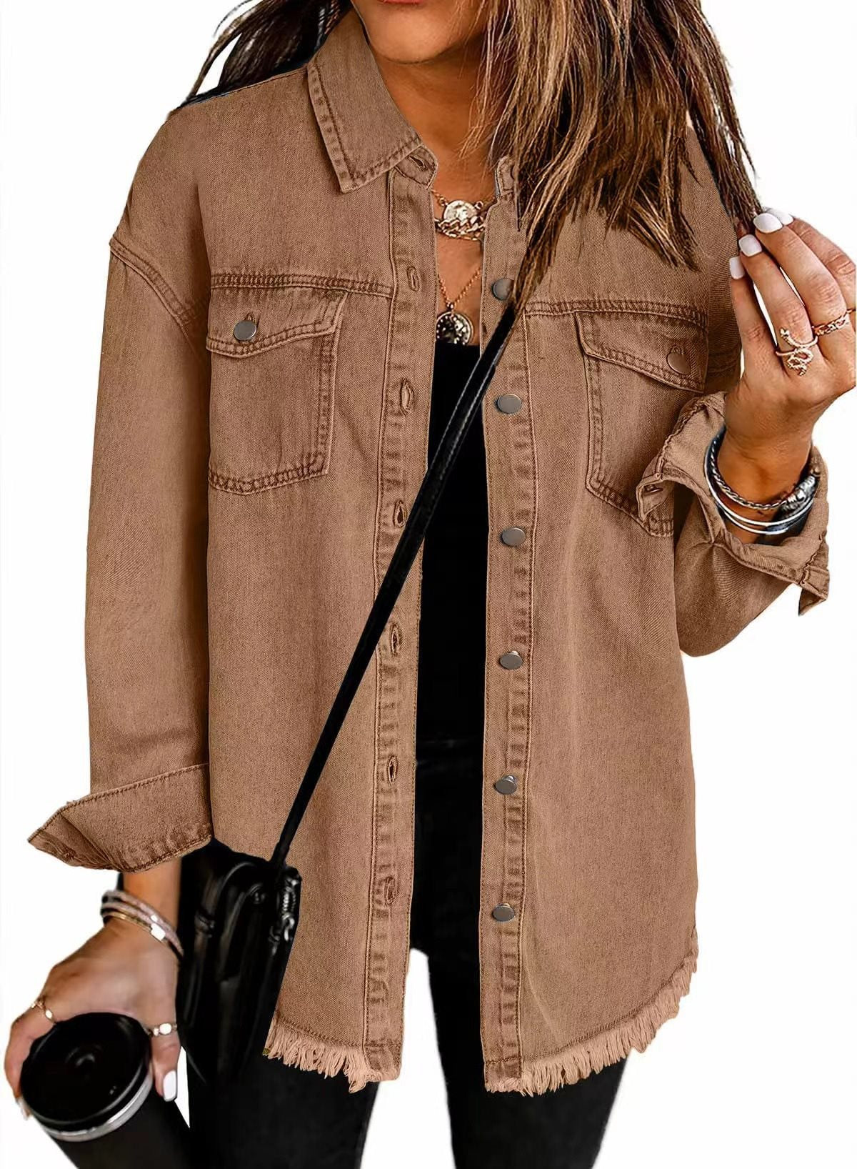 Damen lässige Jeansjacke mit fransigen Säumen und aufgesetzten Taschen Stalluxe