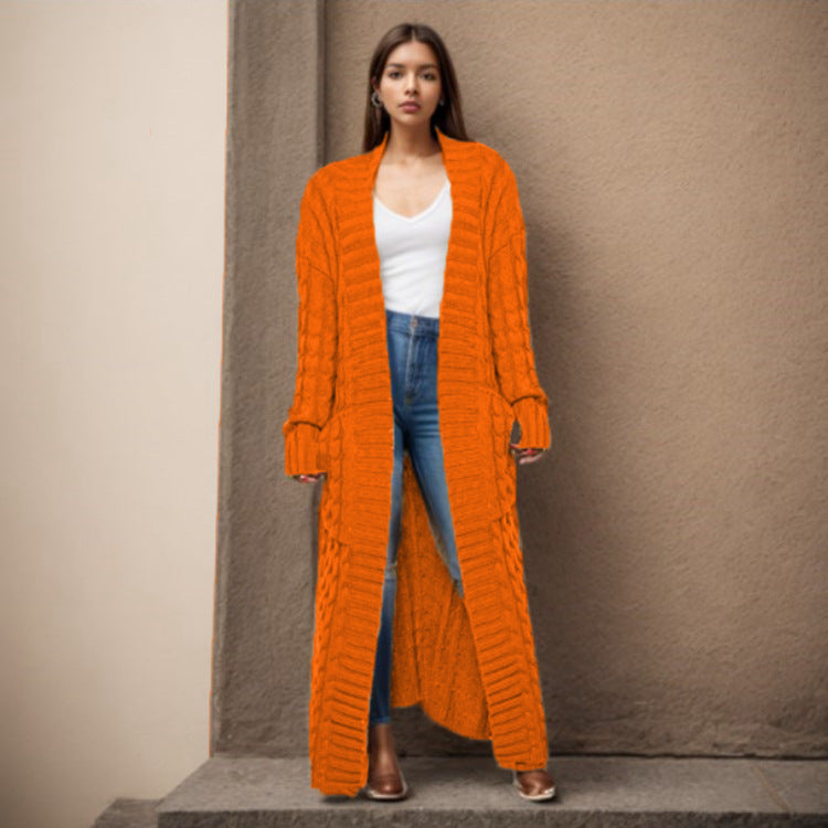 Damen Langer Strickcardigan mit raffiniertem Zopfdesign und praktischen Taschen Stalluxe