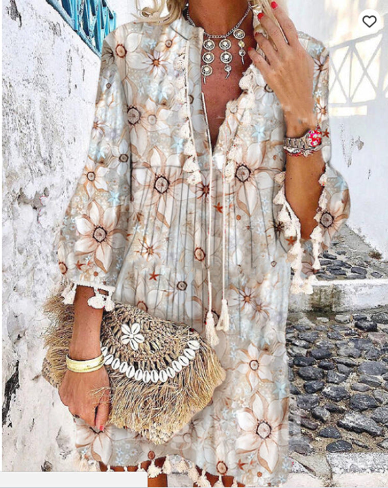 Damen Strandkleid mit hohem Kragen und romantischem Blumenmuster Stalluxe