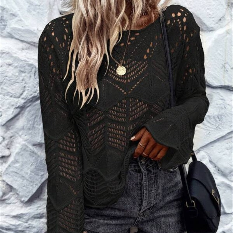 Damen Strickpullover mit filigranem Lochmuster und weitem Ärmel Stalluxe