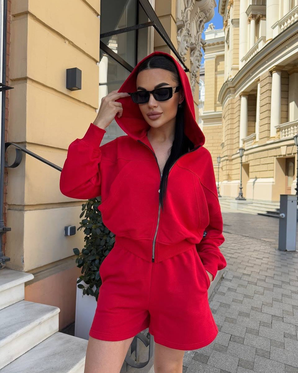Damen trendy Kapuzenjacke und Shorts Set Stalluxe