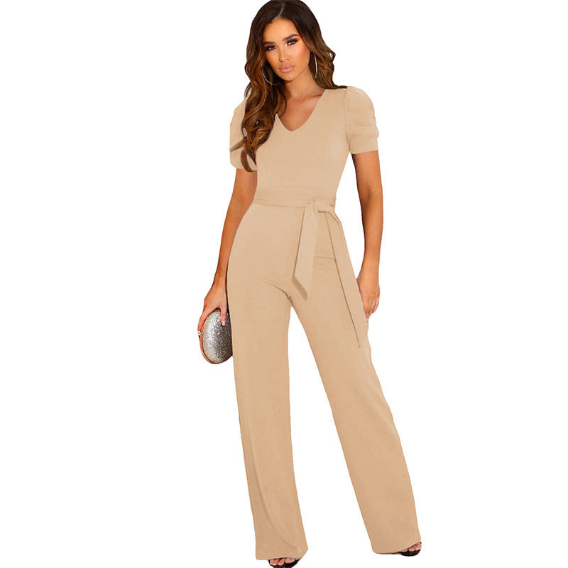 Damen Eleganter Jumpsuit mit taillierbarem Schnitt und kurzen Puffärmeln Stalluxe