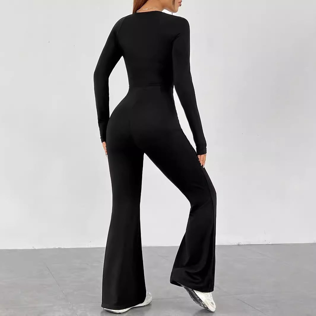 Damen Eleganter und figurbetonter Jumpsuit mit weitem Bein und langen Ärmeln Stalluxe
