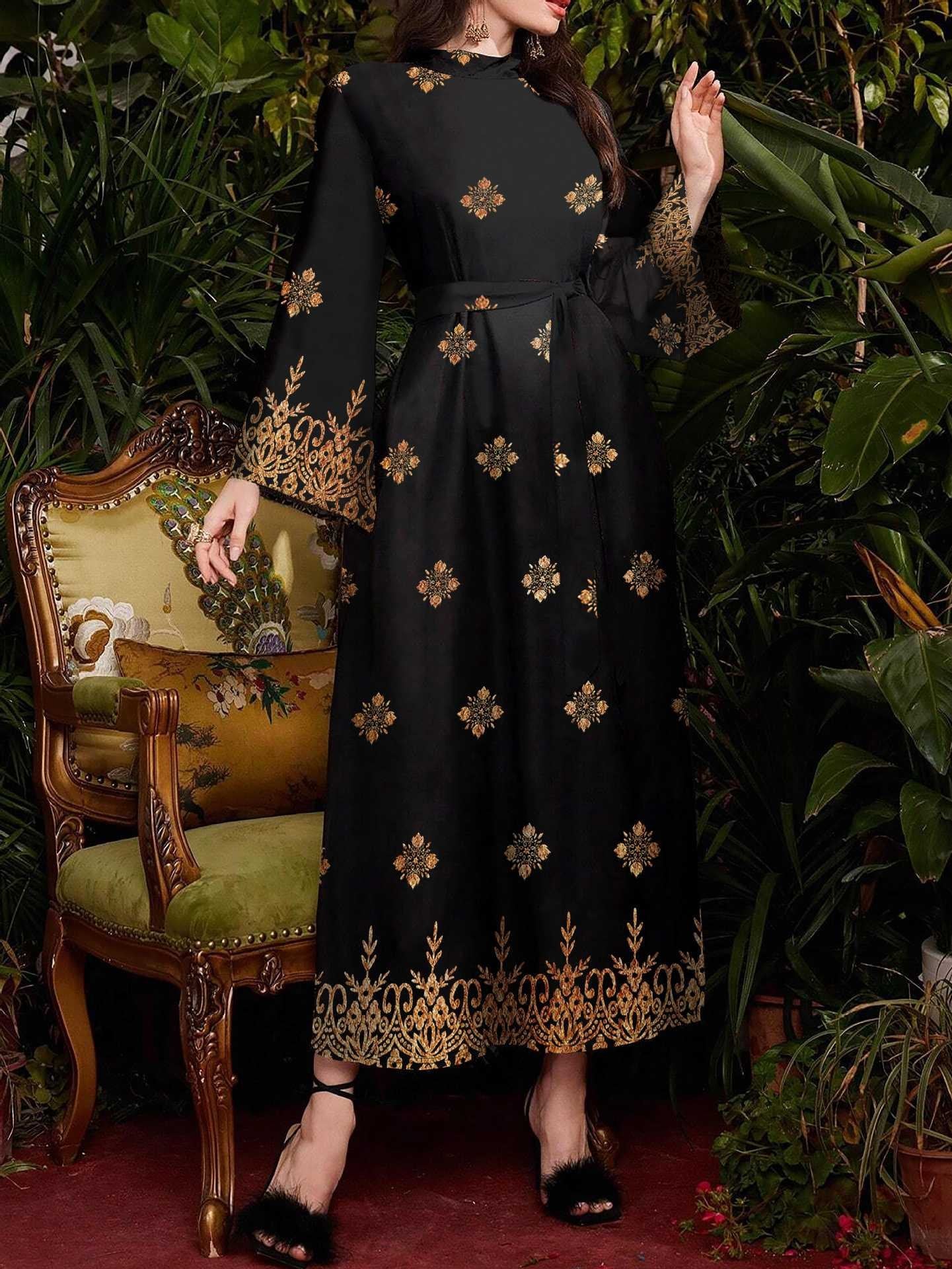 Damen festliches Abendkleid mit elegantem Gold- und Blumenmuster Stalluxe