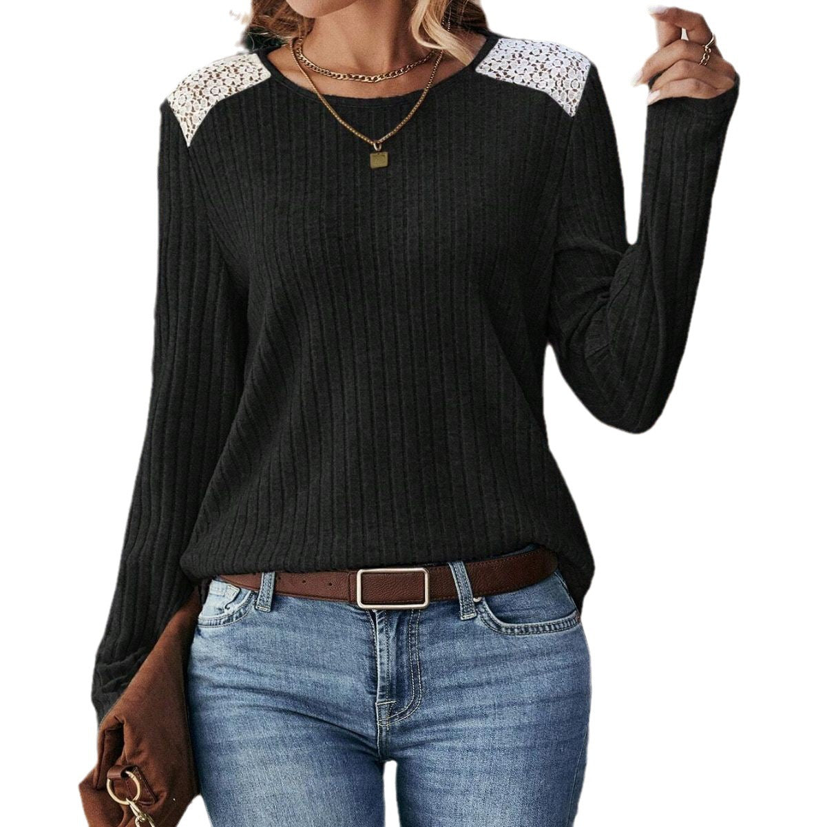 Women's Ribbed Knit Lace-Trimmed Sweater Stalluxe
