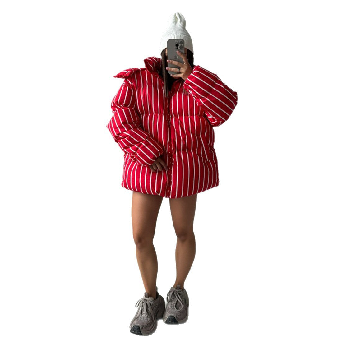 Damen gestreifte Daunenjacke mit hohem Kragen und voluminösem Schnitt Stalluxe