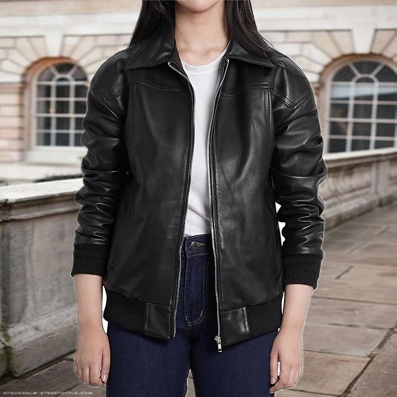 Damen elegante Lederjacke mit lässigem Schnitt und praktischen Taschen Stalluxe