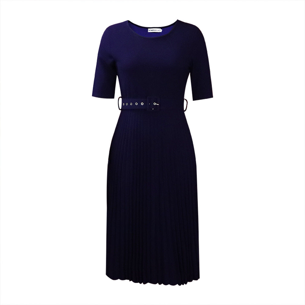 Damen Plissiertes Midi-Kleid mit Taillengürtel und geschmackvollem Rundhalsausschnitt Stalluxe