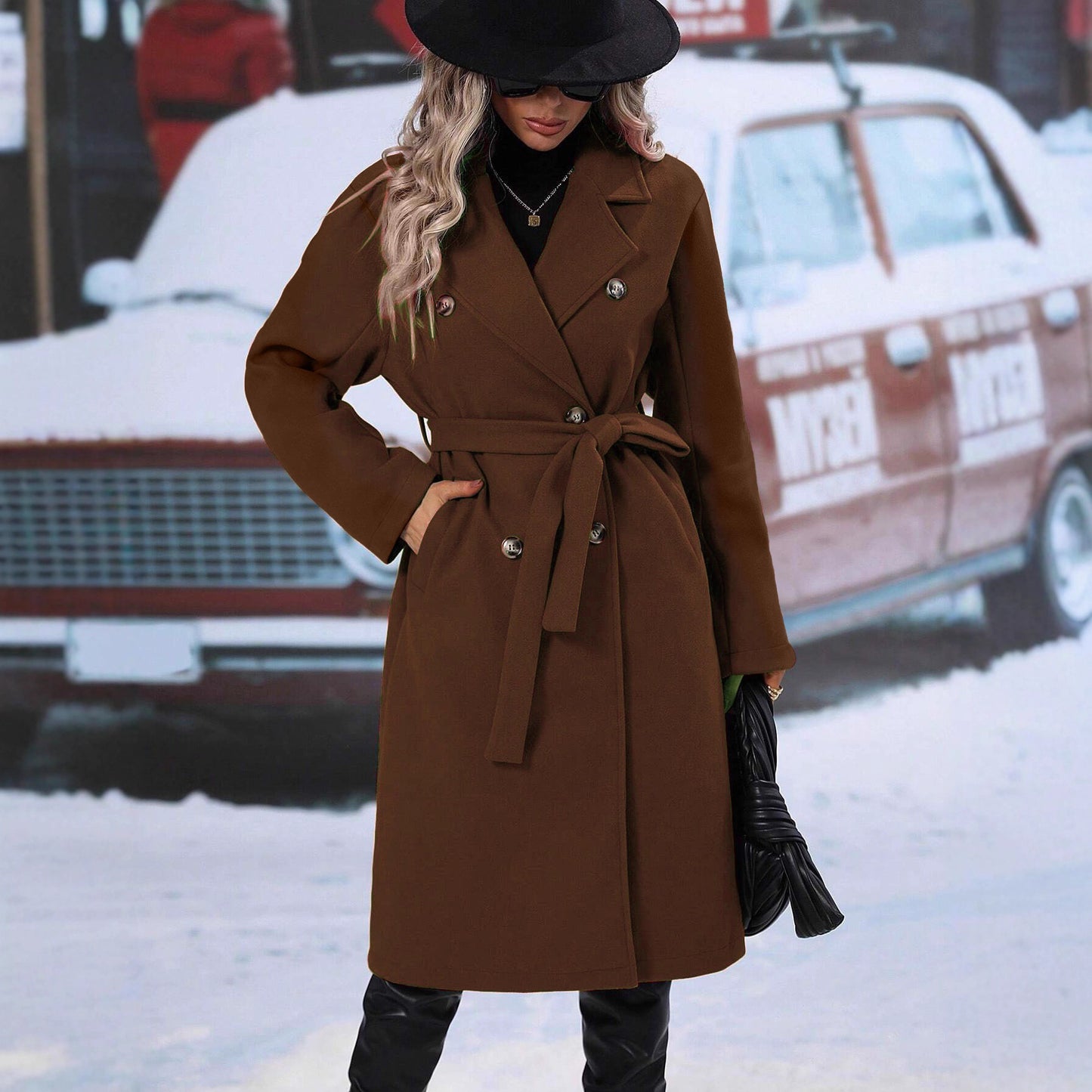Damen Modischer Wollmantel mit Gürtel Stalluxe