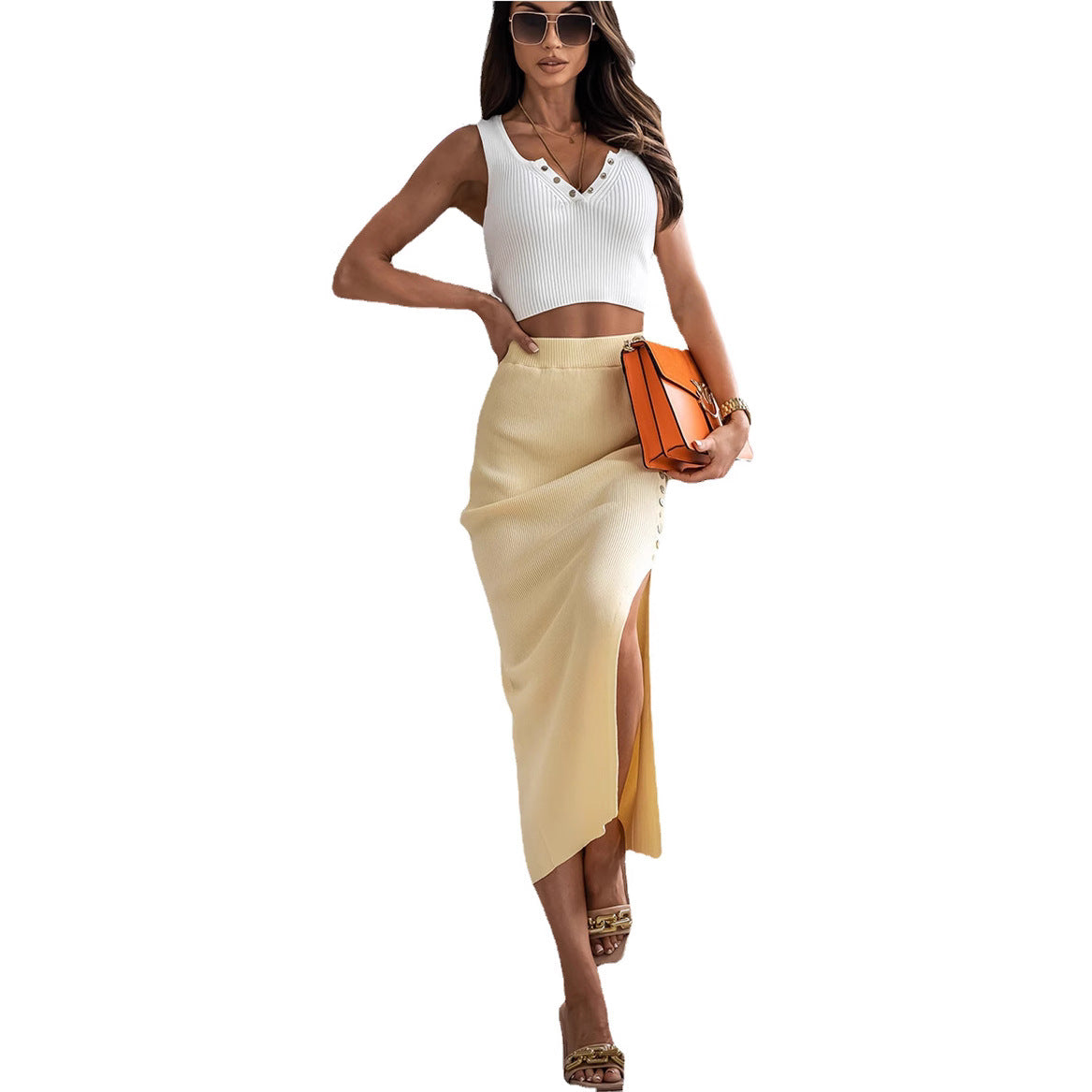 Damen Knielanger Strickrock mit seitlichem Schlitz und Knopfdetails Stalluxe